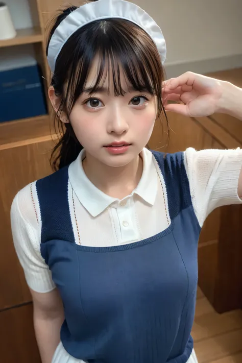 (8k, RAW Photos,highest quality, High resolution:1.1), (Ultra-realistic:1.4),(Realistic, Realistic:1.3),The Beauty of Japan、Rhythmic gymnastics club、Rhythmic Gymnastics Uniform、((Upper Body:1.3)),Maid Cafe、((Maid:1.3)),(Knitted sweater:1.3),Looking up、Shot...