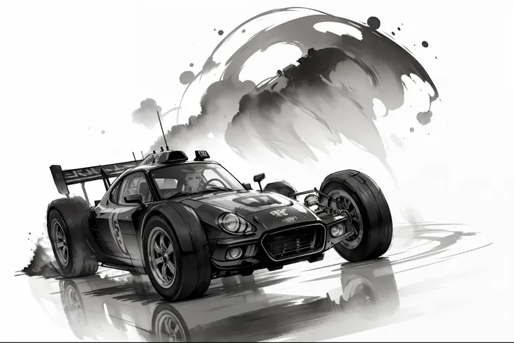 (8k, raw photos, 最high quality, masterpiece: 1.2), black and white:1.4, monochrome artwork, ink painting, (((racing car))), stre...