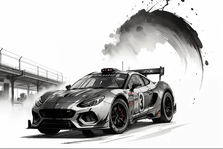 (8k, raw photos, 最high quality, masterpiece: 1.2), black and white:1.4, monochrome artwork, ink painting, (((racing car))), stre...