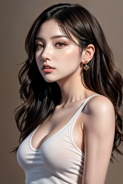 Realism, a realistic photo of (1girl:1.3, 20-year-old), ((in a photo studio)), (Warm color background:1.25), ((mid long (black:1.2) hair, ((wavy, combed up, behind the ear)), intricate detailed:1.28)), (extremely detailed CG unity 8k wallpaper), (best high...