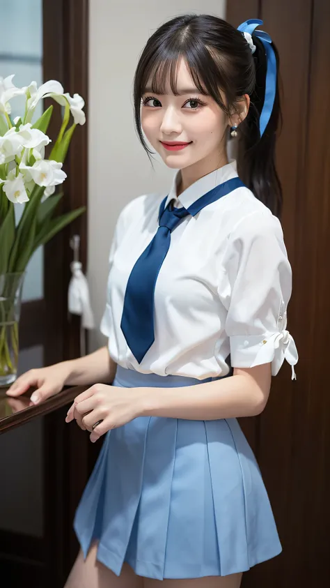 masterpiece, highest quality, High resolution, Very detailed, Detailed Background,(Fraurem Crom, (Black Hair, Semi-long hair, Blue ribbon in ponytail),(White blouse, Blue short ribbon tie, blue long skirt), small, Neat, Iris,study, A kind smile), Scale out...