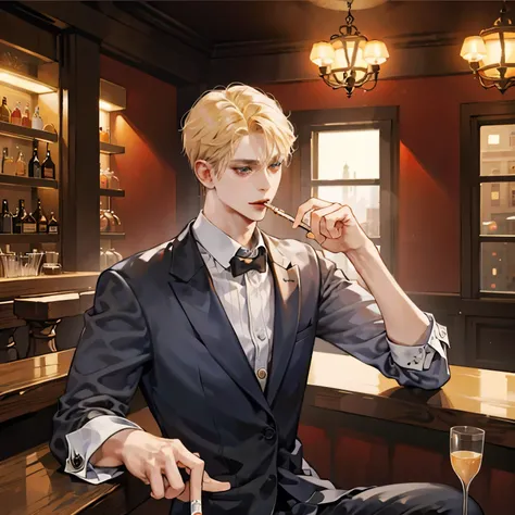 Forty years old blond man in formal wear holding cigarette at bar counter