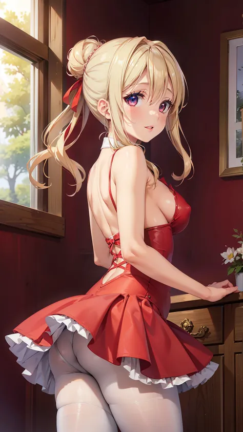 1girl, natural lighting, masterpiece, highly detailed, illustration, game CG, absurdres, high quality, beautiful detailed eyes, glossy lips, natural lighting, medium breasts, blonde hair, hair bun, long bangs, hair between eyes, arisa ayase, aahiyori, red ...