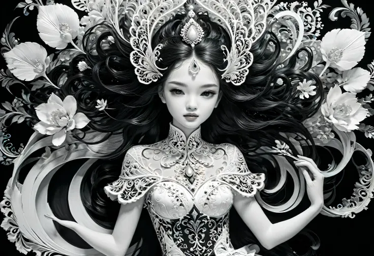 black and white art, black art, white art, style, grace, mesmerizing, the work of a black and white master, filigree, intricate,...