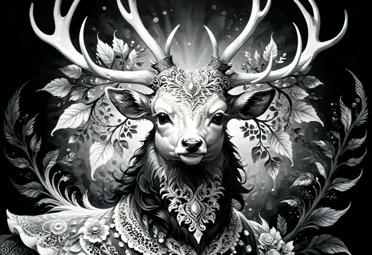 Black and white art, black art, white art, deer with spreading horns, style, grace, fascinating, the work of a master of black and white art, filigree, intricate, depth of volume, illusion in the image