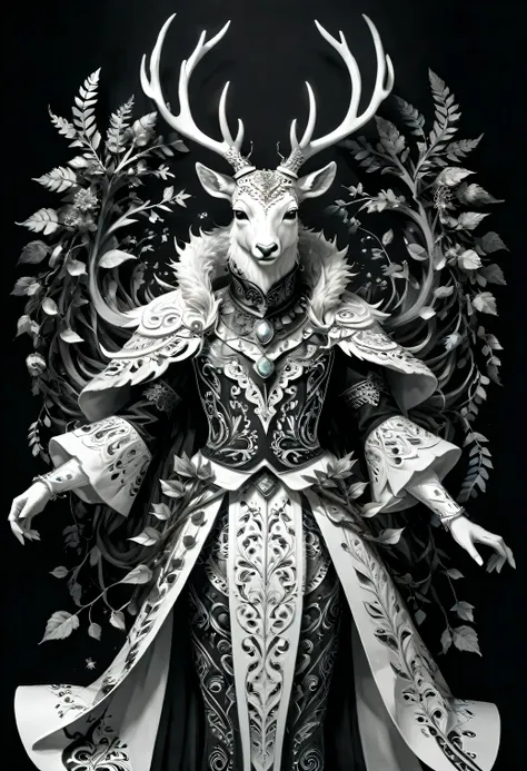 black and white art, black art, white art, humanoid (anthropomorphic) deer with spreading horns in druid's clothes, full body, s...