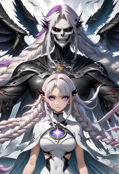 Death Demon,Dragon Island, Double braid girl,(White background:1.2)，Cartoon character with wings flying over woman in purple and white dress, Anime fantasy illustration, white hair deity, Fantasy style anime, Anime Fantasy Artwork, Anime Cover, Fantasy art...