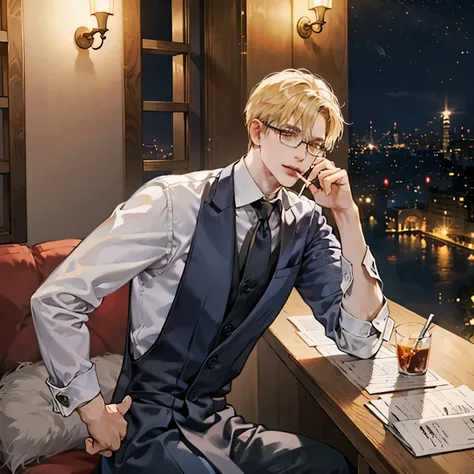 Forty-year-old blond man in formal attire sitting at the bar counter in the dim light at night, holding a cigarette and wearing glasses with a wicked smile