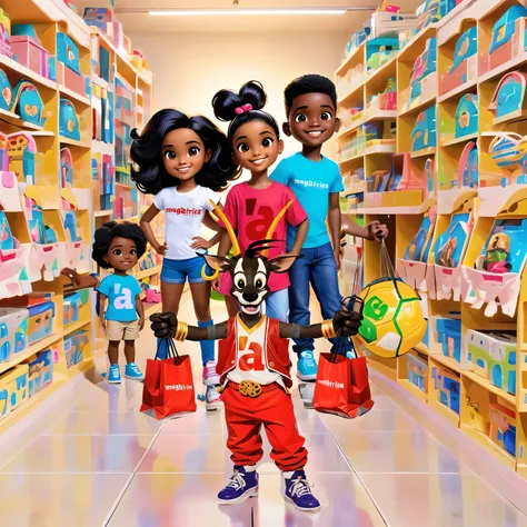 creation of 4 characters children between 10 and 12 years old of african descent in an aisle full of toys on the shelves, these ...