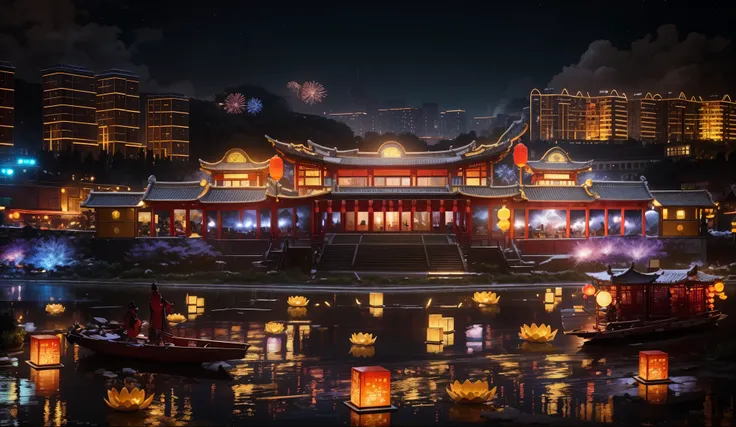 in the winter，new year，City night scene，(architecture:1.3)，(light辉煌)，light，starry sky river，Brilliant colors，wonderland，The fragrance of flowers，pmajor摄影师，High-quality wide-angle lens，Capture moments and details，Angle and focus adjustments，Sturdy tripod，re...