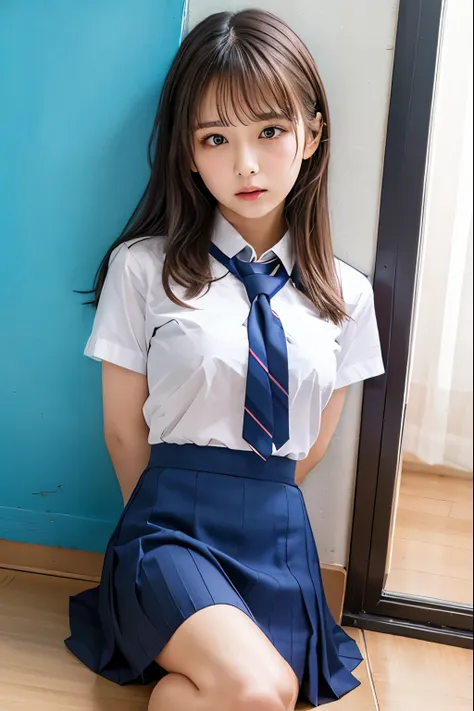 a cute high school girl has been  and tied up and is confined to a room、blue skirt、white short sleeve shirt、