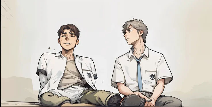 There are two young male students of 17 years of age who are sitting on top of a building.