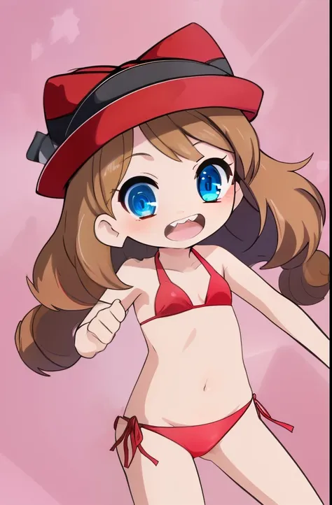 One girl, bikini, side-tie bikini bottom, teeth,, masterpiece, highest quality, Very detailed, Brown Hair, blue eyes, Red Hat