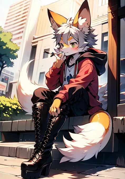 Gray Hair,solo,Lift your legs,Sit on the ground,Beastman,fox,Dragon,Shota,Dragon Feather,Aqua hoodie(gentleman:long),pants,Lace-up long boots,Platform heels,Put a cigarette in your mouth