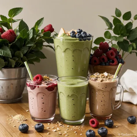 An artistic representation of a green power smoothie, showing a glass filled with a blend of 

    1 cup mixed berries (blueberries, raspberries, strawberries)
    1/2 cup plain Greek yogurt
    1/2 cup unsweetened almond milk
    1 tablespoon honey or map...