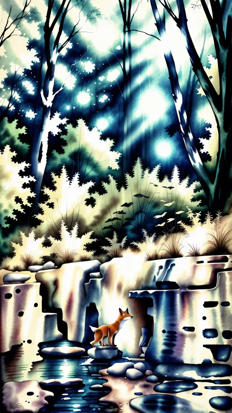 animal, fox, fox peeks out from a rocky hole, observing its surroundings cautiously, no_humans, animal_focus, looking_at_viewer, modern art, painting, drawing, watercolor, psychedelic colors