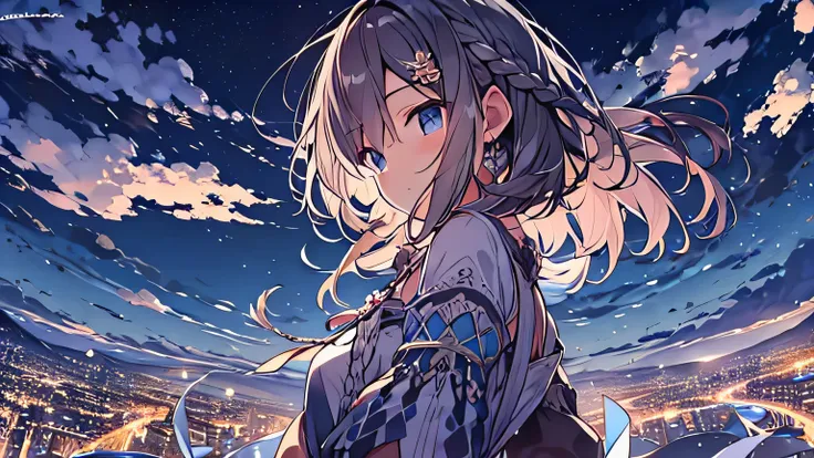 Tabletop, highest quality,figure, wallpaper, Super detailed, Absurd, 1, (Medium Short Hair、Short braided hair), Very detailed beautiful eyes , Hair blowing in the wind、:○、Small head、Beautiful night sky、(Panoramic View:1.5)