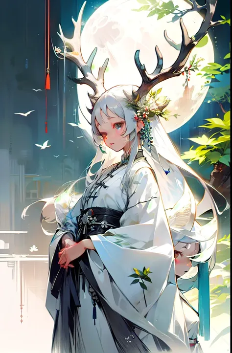 one girl,chinese garment,flower,masterpiece,highest quality,super detailed,deer,gray hair,white clothes,water,moon,elementary sc...