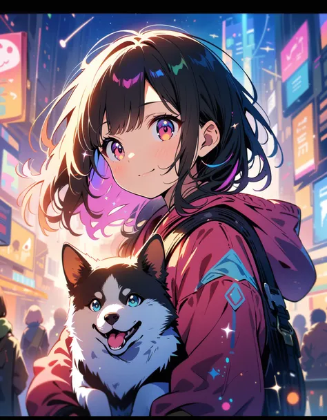 (best quality, 4K, high details, high quality:1.2), UHD, (retina:1.1), cinematic lighting, colorful sparkle, depth of field, f/2.8, 35mm, cute adventurous girl traveling with a dog, cute, illustration style