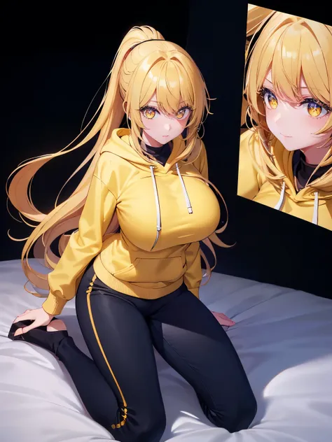 1 woman, super beautiful, full body photo, beautiful eyes, very detailed face, cute, HD face, perfect face, yellow hoodie, long hoodie, black pants, long pants, big breasts, blonde hair, long hair, ponytail, bangs, yellow eyes, ultra detail, ultra HD, mast...