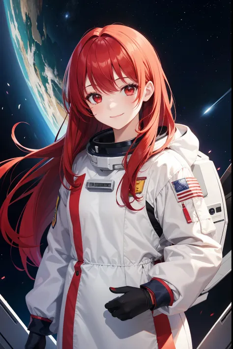  1woman,adult,25 years old,red hair, long hair, astronaut uniform, standing, half Body photo, red eyes, bangs, smile