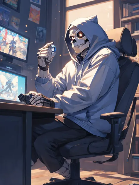 Skeleton in hoodie sitting on chair playing video game、Anime Cartoons、Holding a controller in your hand, Legs resting on the desk、frontage