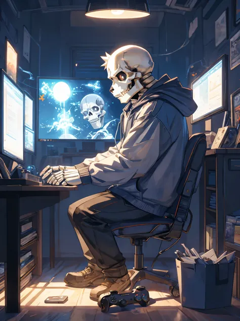 Skeleton in hoodie sitting on chair playing video game、Anime Cartoons、Holding a controller in your hand, Legs resting on the desk、frontage