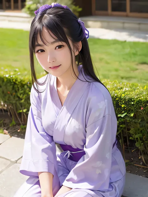 ((vivid, Realistic: 1.5), No background: 1.0, Portrait of a beautiful 17 year old Japanese girl: 1.2, Light Gray Background: 1.1, Breast augmentation: 1.2, cute: 1.0,Follow me please (Sit on the ground with your knees): 1.2,((Summer Yukata、Light purple yuk...