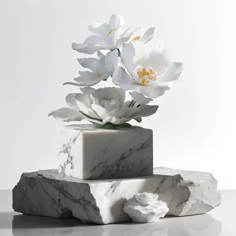 There is a white flower on the marble block, Flowers in marble, porcelain sculpture, grey porcelain sculpture, Made of Carrara marble, painted Marble Sculptures, Made of marble, Made of liquid metal and marble, Marble Sculpture, Marble Sculptures, white Ma...