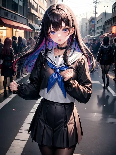 masterpiece、Best Quality、
1 Girl、   
solo, cyber punk, 白pantyhose, Sister, Multicolored Hair, Outdoor, null, , wood, blue eyes, Gray Hair, Sailor collar, neckerchief, Unite, Striped Hair, skirt, eyebrows hidden by hair, nightnull, Look at the side, scar, 黒...