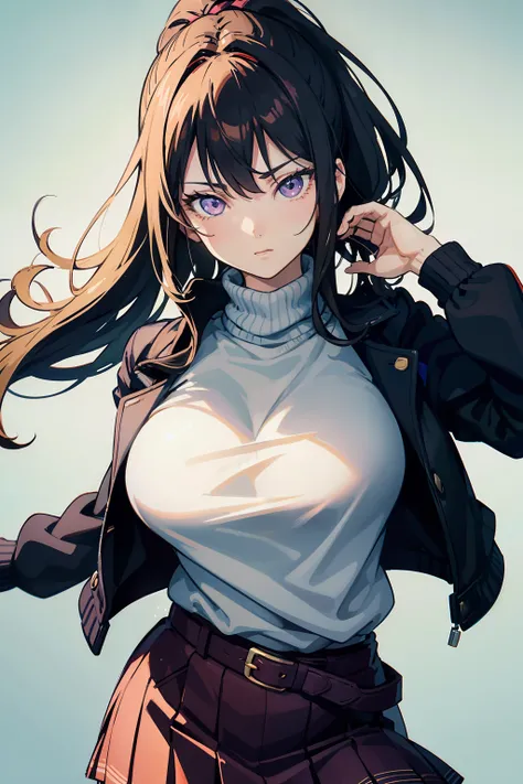 Young woman, Yukari Mori, with expressive purple eyes, captivating charm, large breasts, voluminous brown hair styled in a high ponytail, wearing a stylish sweater and jacket over a skirt, paired with pantyhose. Japanese-inspired air amidst manga-esque ima...