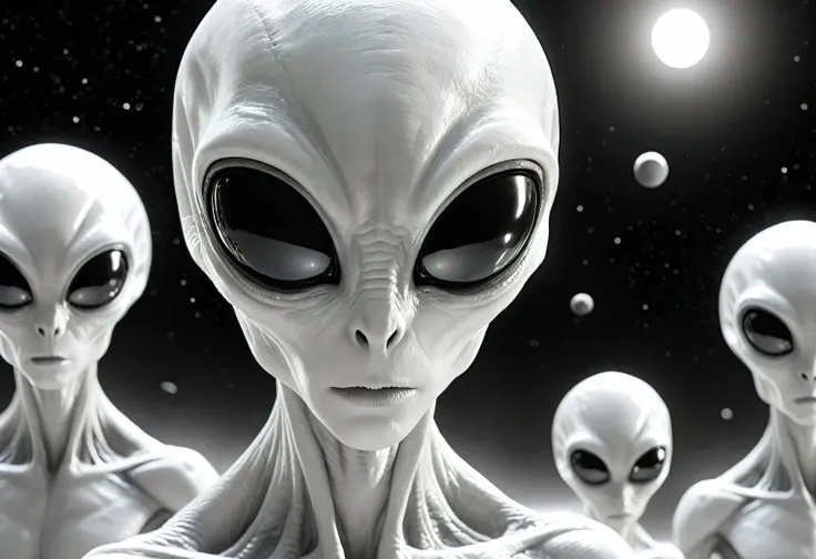 Black and white image, black alien life form stands and looks at white alien life form, white alien life form stands and looks at black alien life form, alien life forms are shown in detail, alien life forms look funny and kind, upper angle, upper angle, b...