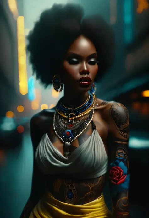 4D portrait of a full body image of a Black woman dressed in African designed clothes with neon lit glowing red and blue tattoos, with tattoos lighting the scene, a yellow fog atmosphere in the scene, dim lit scene with only the tattoos shining in the scen...