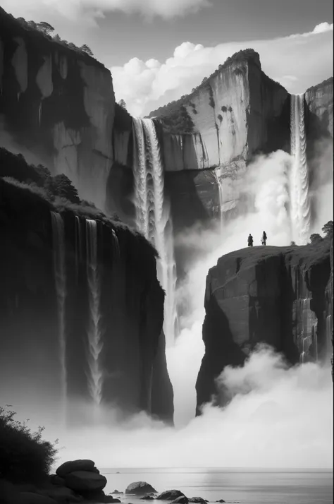 (8k,high-res,masterpiece), ultra-detailed, (realistic, photorealistic, photo-realistic) ,B&W photography ,scenic landscape, gigantic waterfall, high angle photo, from above, Angel Falls, crystal clear water, sunlight filtering through mist, majestic mounta...