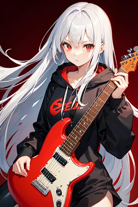 Anime girl with long white hair holding a red guitar, perfect Gray-haired girl, Gray-haired少女, Nightcore, Gray-haired, Anime Style 4k, Gray-haired, One girl has white hair, Anime Moe Art Style, High quality anime art style, Official artwork, Kantai Collect...