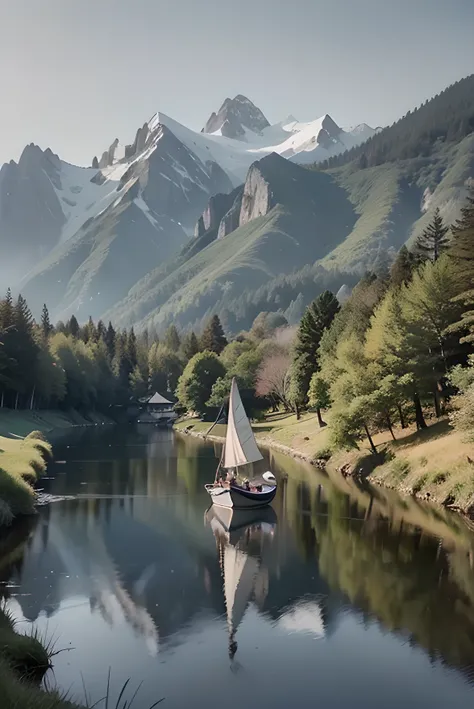 photography，masterpiece，Large freehand Chinese painting，summer，Snow Mountain，grassland，lake，Small boat，Reflection，Ethereal，