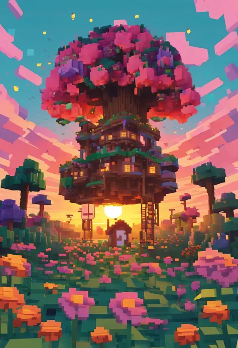 a giant treehouse in the center of a beautiful flower field with a sunset in the background