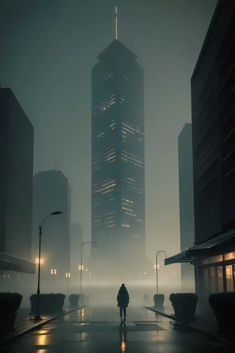 Shrouded in a dense, haunting fog, a desolate cityscape unfolds, bathed in the eerie glow of a single, distant streetlamp. The dark, looming buildings seem to close in, their silhouettes ominously twisted against the smoky backdrop. Everything appears stil...