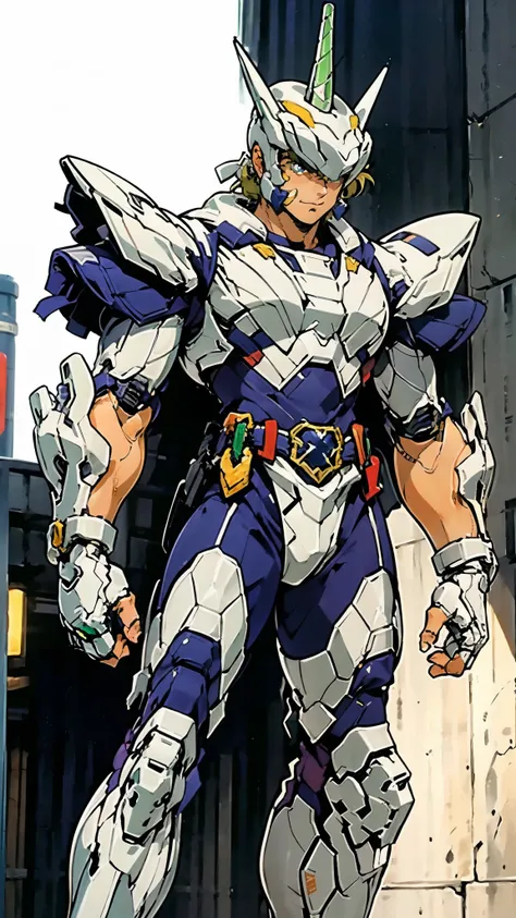A man wearing a full-face helmet, a fantasy-style biotech armored combat suit, green eyes, (a composite layered chest armor), fully enclosed shoulder guards, matching arm and leg guards, the belt is adorned with Horseshoe-shaped marker, (the color scheme i...