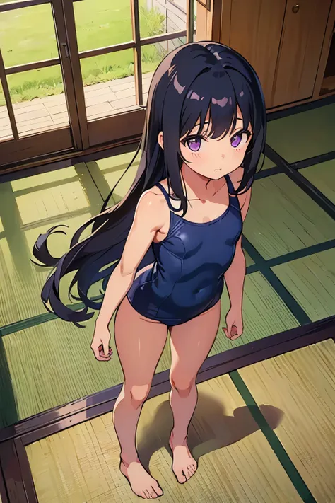 Country house, elementary school girl, 8 years old, flat chest, black hair, long hair, purple eyes （one person） Navy blue old-fashioned school swimsuit, barefoot, six-tatami room, standing, dynamic angle