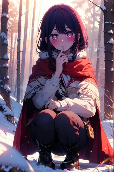 aihoshino, Ai Hoshino, Long Hair, bangs, (Purple eyes:1.1), Purple Hair, (Symbol-shaped pupil:1.5), smile,,smile,blush,White Breath,
Open your mouth,snow,Ground bonfire, Outdoor, boots, snowing, From the side, wood, suitcase, Cape, Blurred, , forest, White...