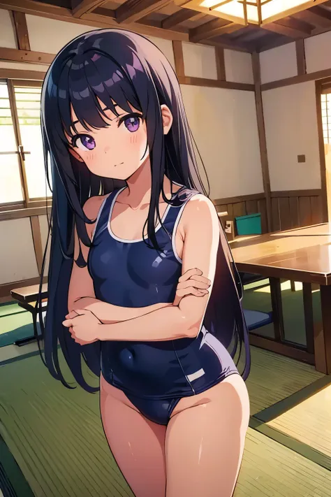 Country house, elementary school girl, 8 years old, flat chest, black hair, long hair, purple eyes （one person） Navy blue old-fashioned school swimsuit, barefoot, six-tatami room, standing, dynamic angle