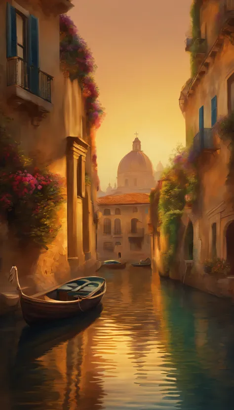 uma pintura de uma cidade italiana costeira dourada, 4K Digital Illustration, stunning digital illustration, lindo arte digital, a beautiful art illustration, bela arte digital, bela arte digital, exquisite digital illustration, intrincada pintura digital,...