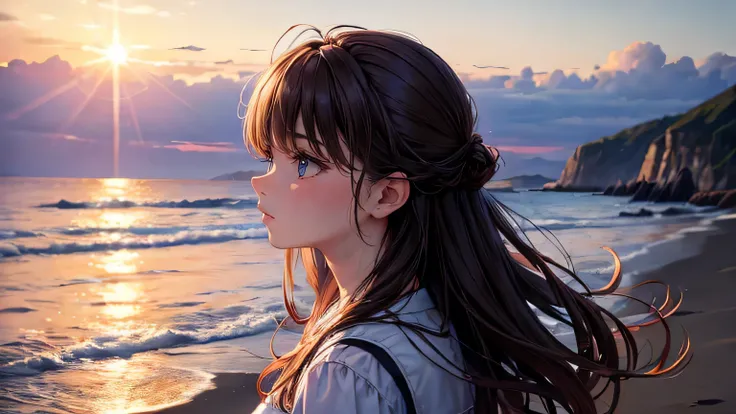 ((masterpiece, highest quality, Ultra Clear, High resolution)), alone, beautiful girl, Shining Eyes, Perfect Eyes,profile, 30 years old, Sunset Theme,Brown Hair,Coastal scenery,