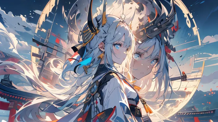 highest quality、masterpiece、one person,Anime Girls、Gray Hair、Serious face（Detailed face,Beautiful Face,）、(((日本刀を持ちながらmoonを見上げる,Whole body)))Fantastic landscape、profile、、Aikikiri、Warrior、Night Sky、moon