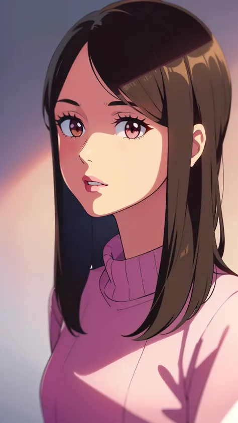 Girl, long straight brown hair, brown eyes, sharp features, white skin, pink lips, sweater