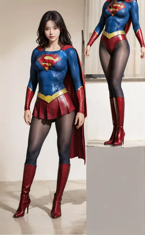 No background、(((Beautiful legs in black tights.)))、(((Legally express the beauty of your smile)))、((((Make the most of your original images)))、(((Body-fitting Supergirl costume)))、(((Supergirl Costume)))、(((Beautiful Hair)))、(((suffering)))、(((Please wear...