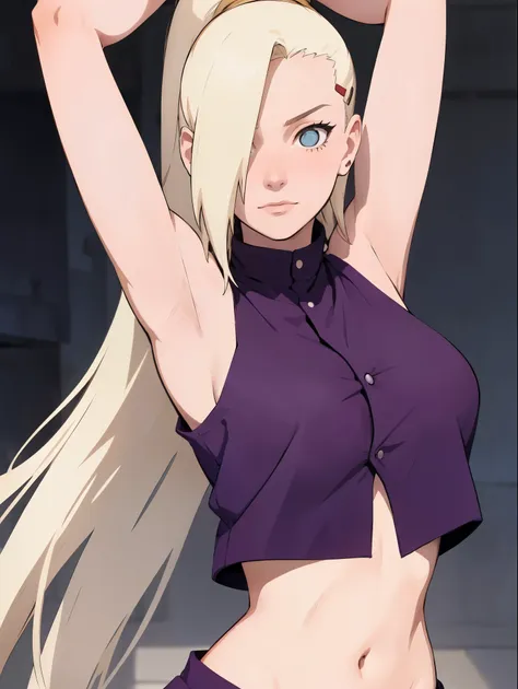 yamanaka ino, purple crop top, sleeveless, shaved armpits, long blonde hair, bangs, masterpiece