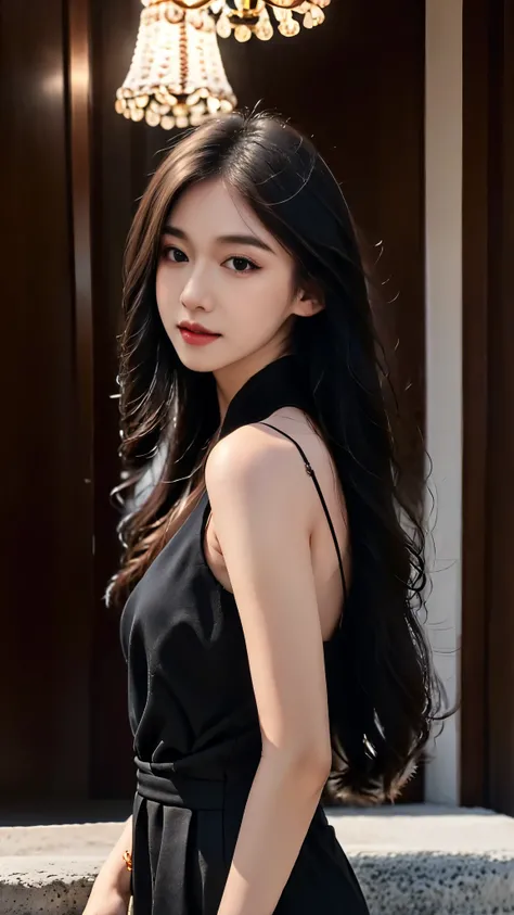 best quality,Masterpiece,Ultra high resolution,(real:1.4),original photo,ultra high definition，8ก，perfect girl，in the dark，High image quality，black hair，His long hair falls over his shoulders.，beach wave hairstyle，Moist red lips，มนุษย์ที่real，CG rendering