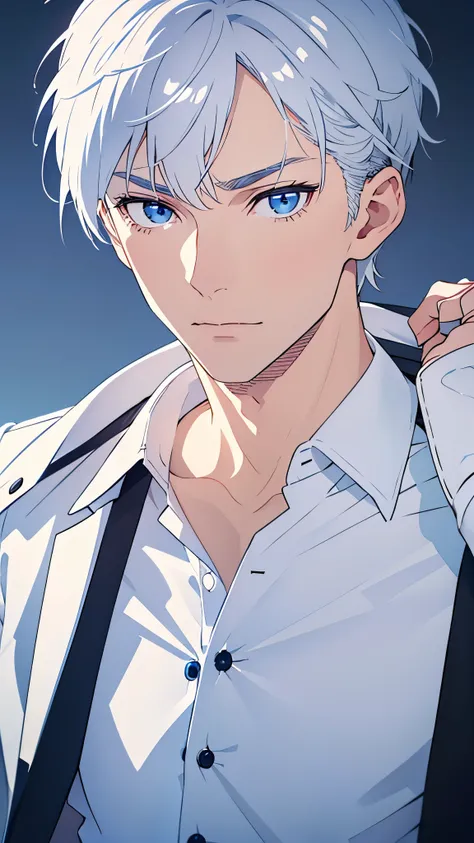 boy, silver hair, blue eyes, serious sharp features, white skin, handsome, shirt, jacket